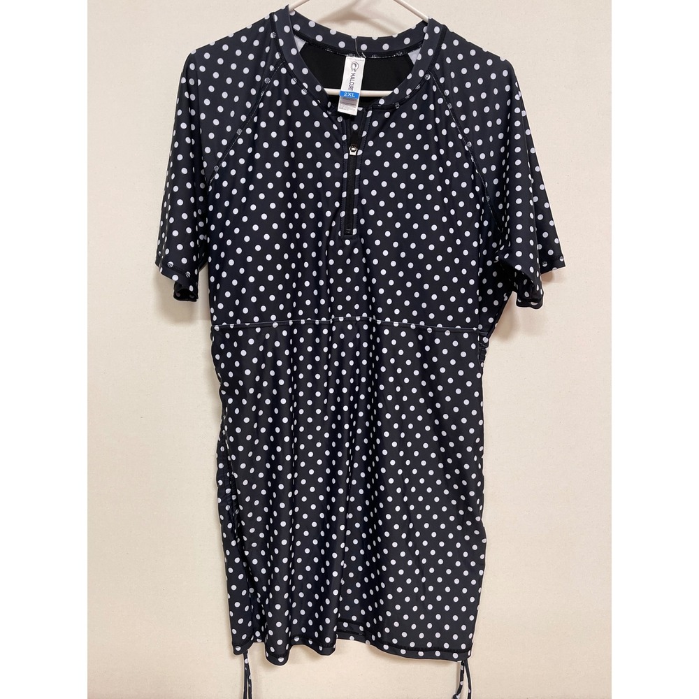 Halcurt Women 2XL Black Polka Dot Zip Front Swim Dress Short Sleeve Rash Guard